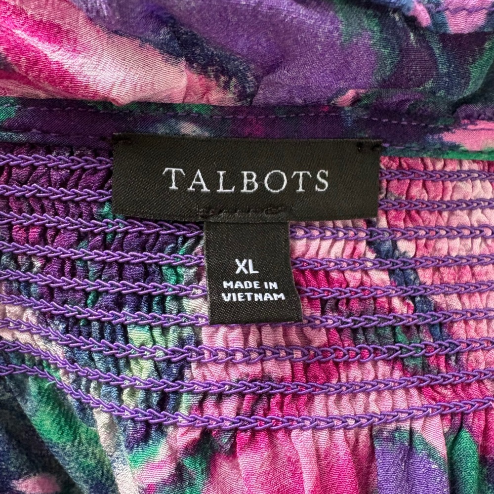 Talbots Floral Blouse XL Purple Pink Smocked Ruffle Neck Watercolor Garden Party - Picture 7 of 9